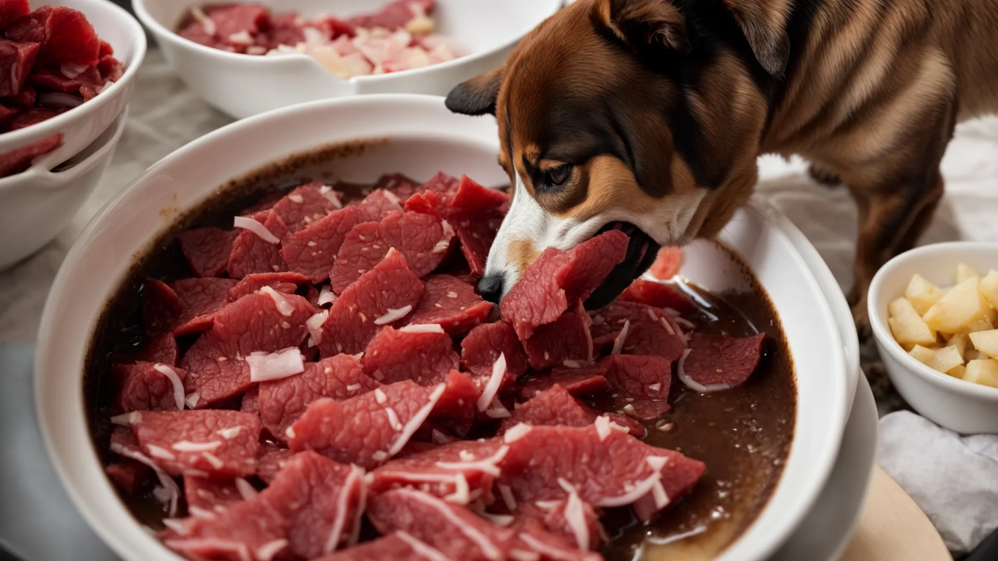 a dog eagerly eating from a bowl filled with various types of raw meat.