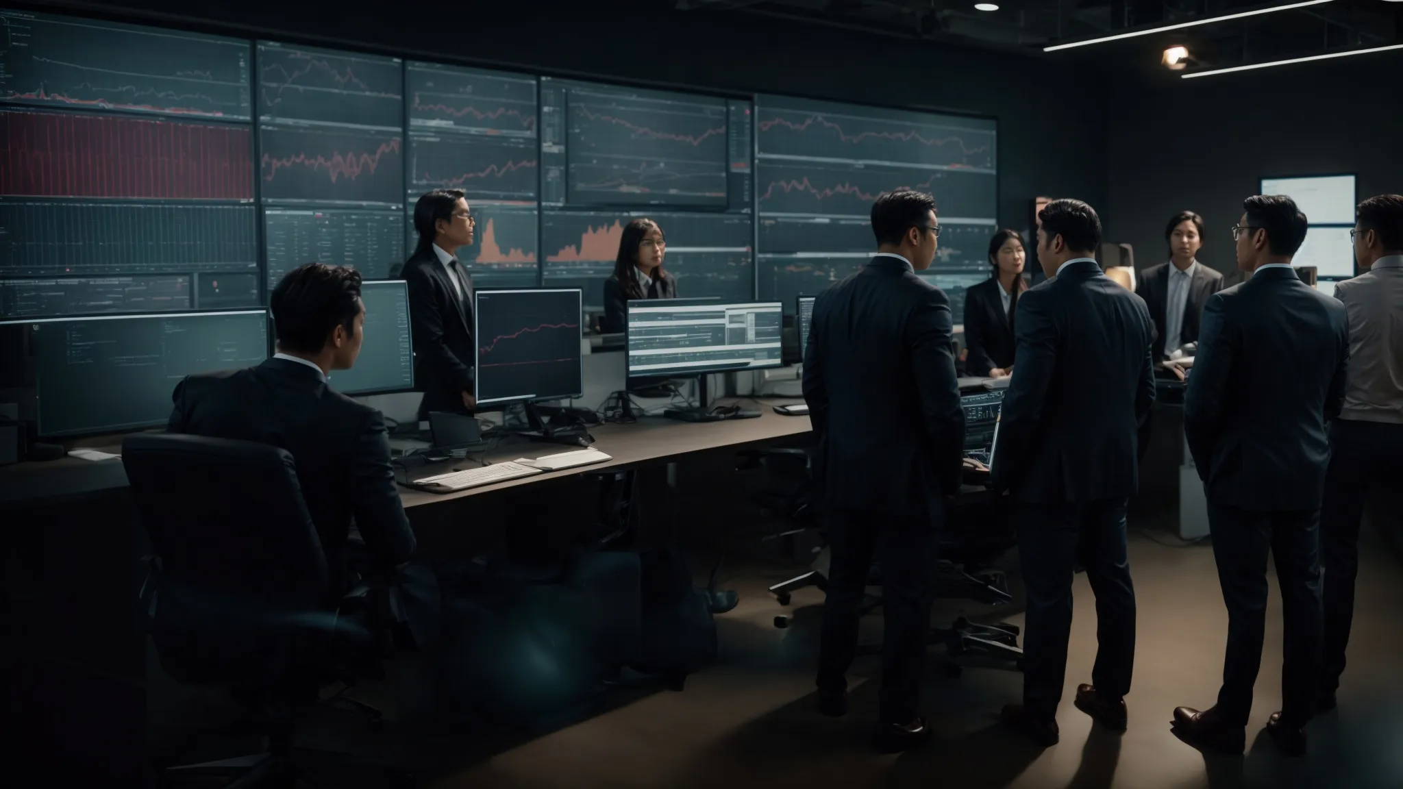 a diverse team of professionals gathers around a large computer screen, discussing strategies and charts displayed on the screen.