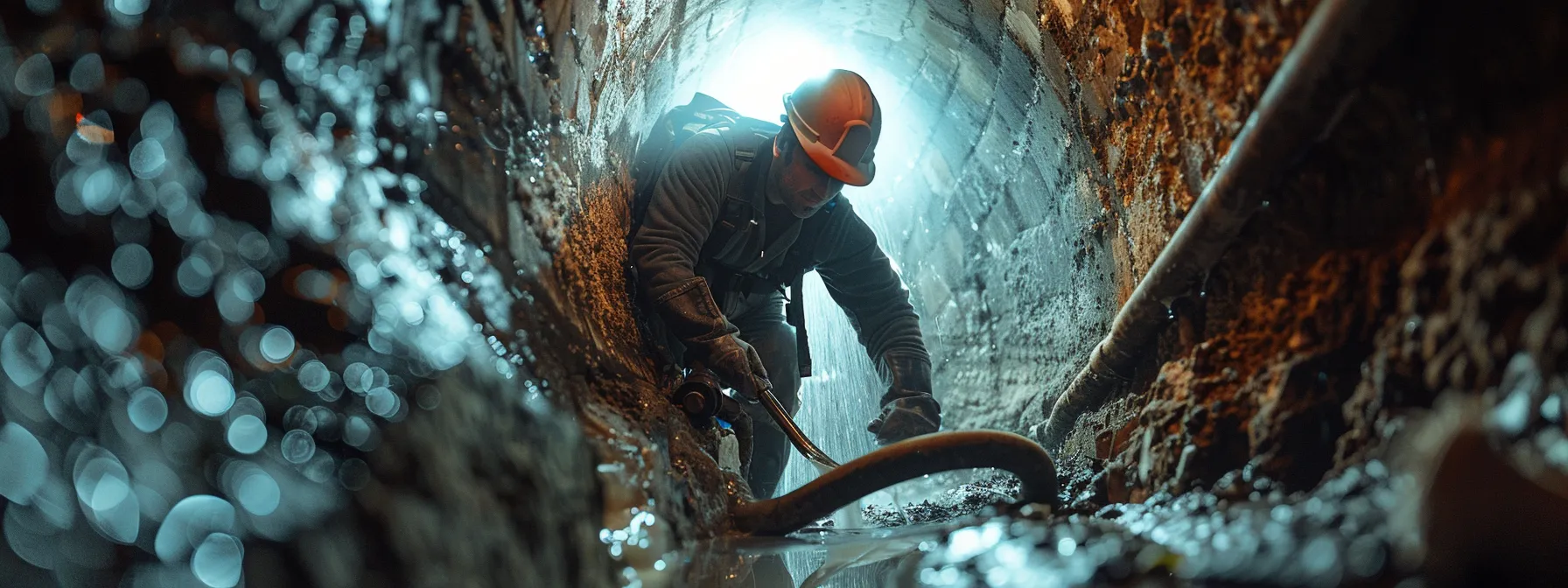 a professional plumber using a high-pressure jet cleaner to resolve a deep clog in a sewer line for canyon plumbing.