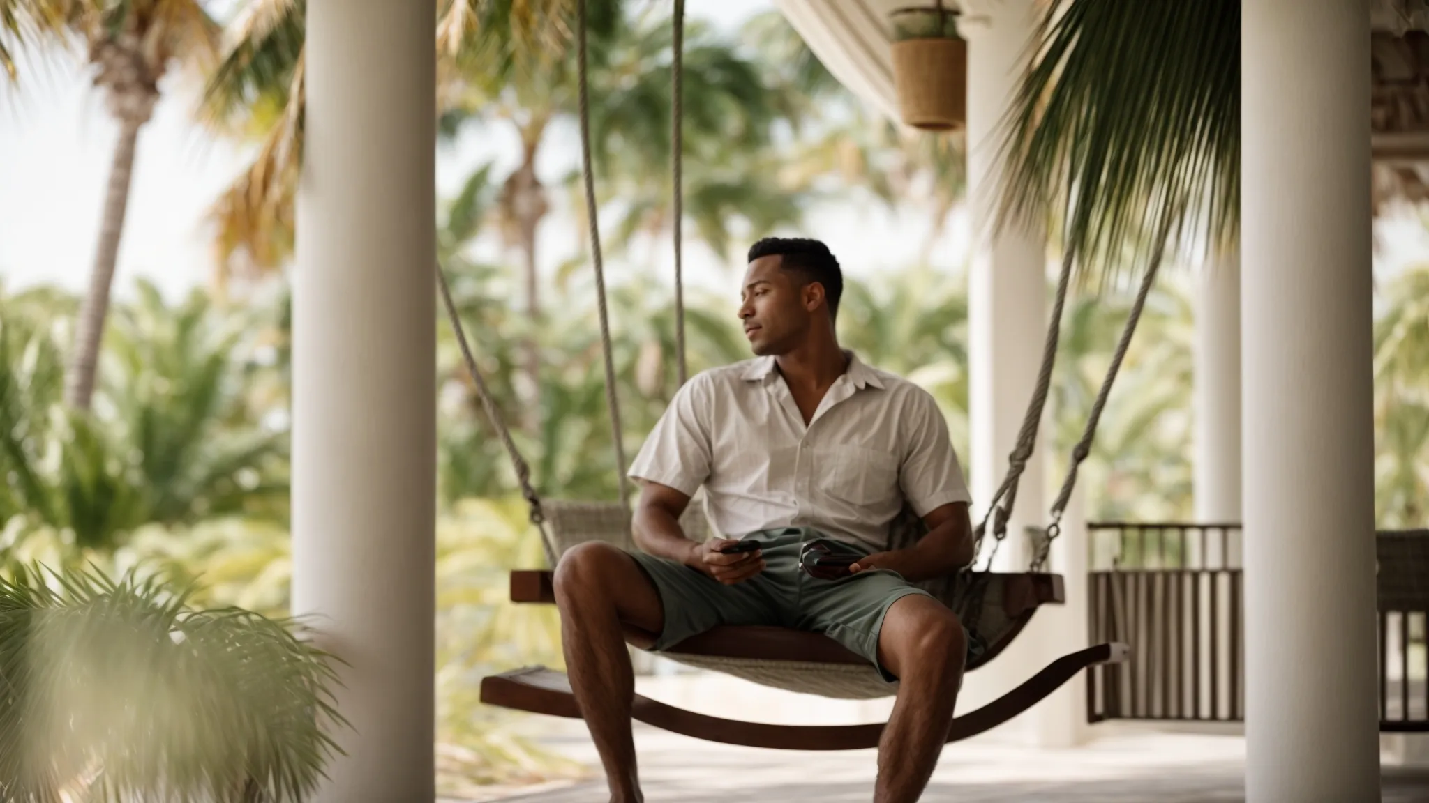 a man relaxes on a porch swing, enjoying a gentle breeze under the shade of palm trees in bonita springs, fl.