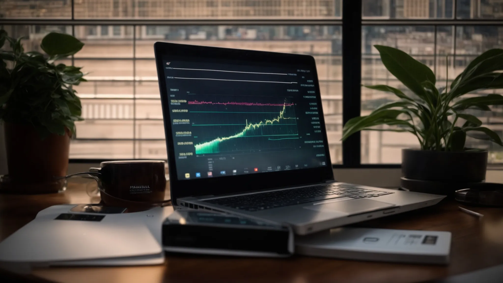 a laptop with graphs on the screen next to a glowing calculator on a desk.