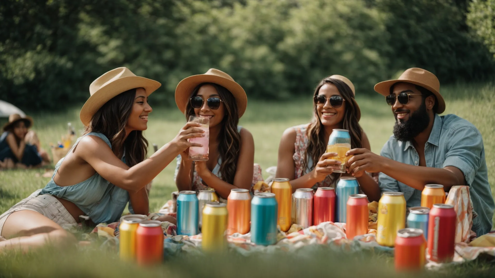 a group of people at a summer picnic toasting with colorful cans of seltzer.