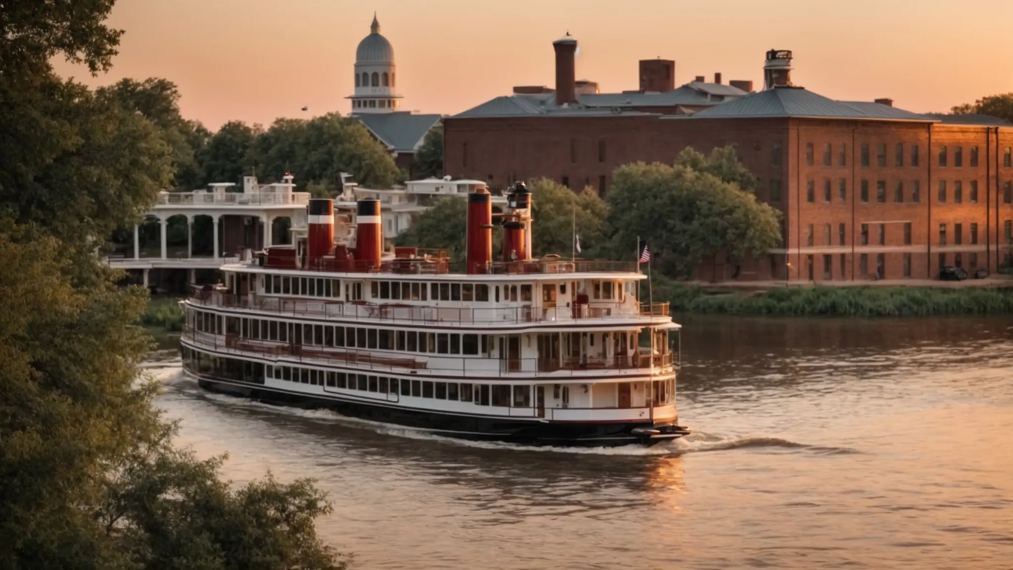 a serene view of the mississippi river at sunset, with a classic paddle steamer gliding by and historic buildings along the riverbank.