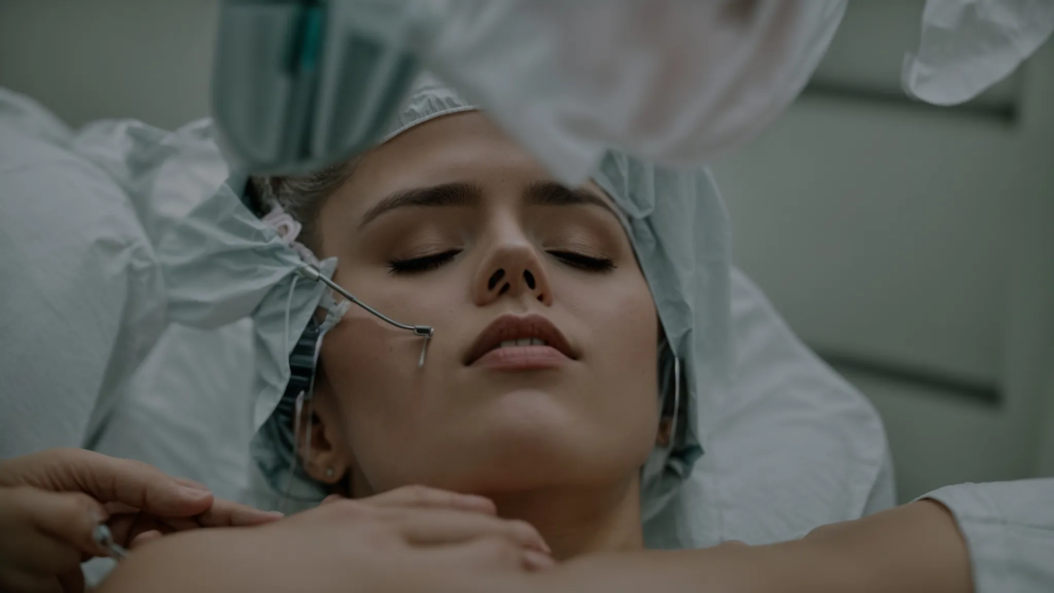 a surgeon marks areas on a patient's face for cosmetic surgery in a well-lit clinic room.