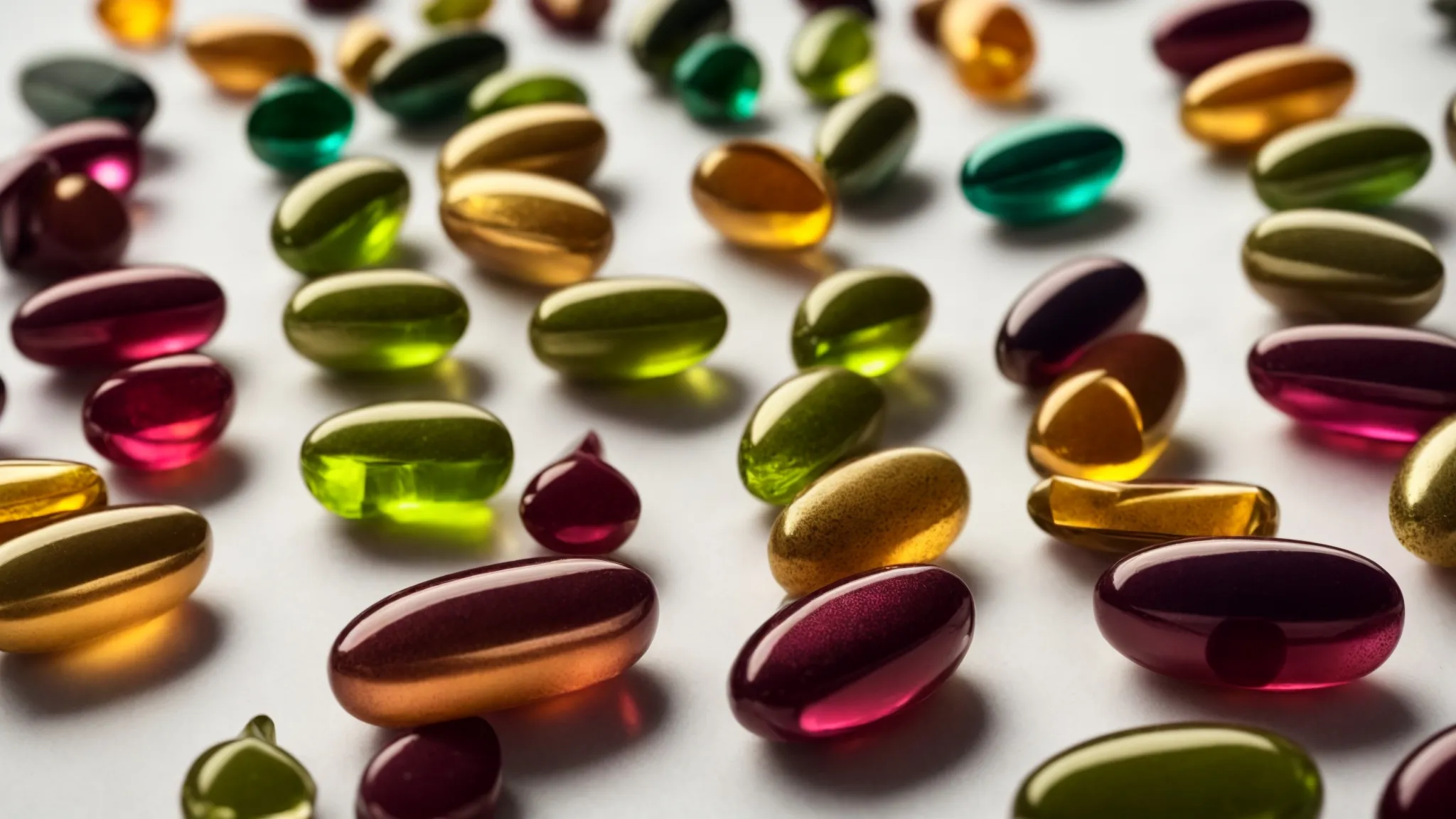 a variety of colorful kratom capsules are neatly displayed in rows against a white background.