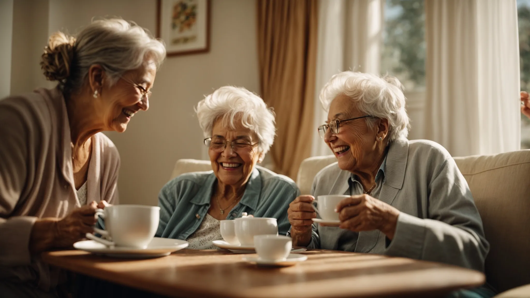 an elderly couple laughing together as a nurse serves them tea in a sunny living room.
