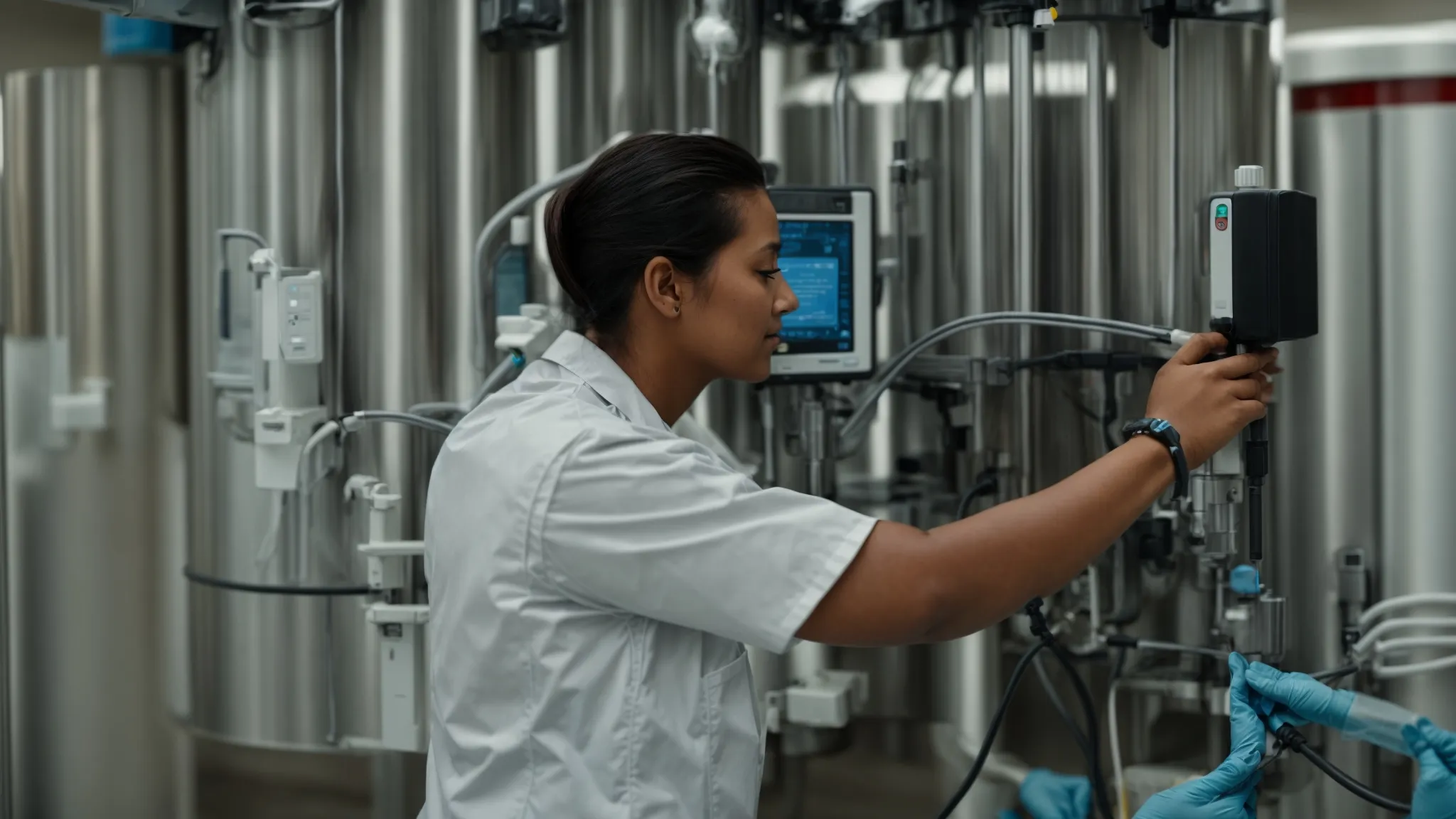 a hospital technician monitors a sophisticated water purification system designed for medical use.