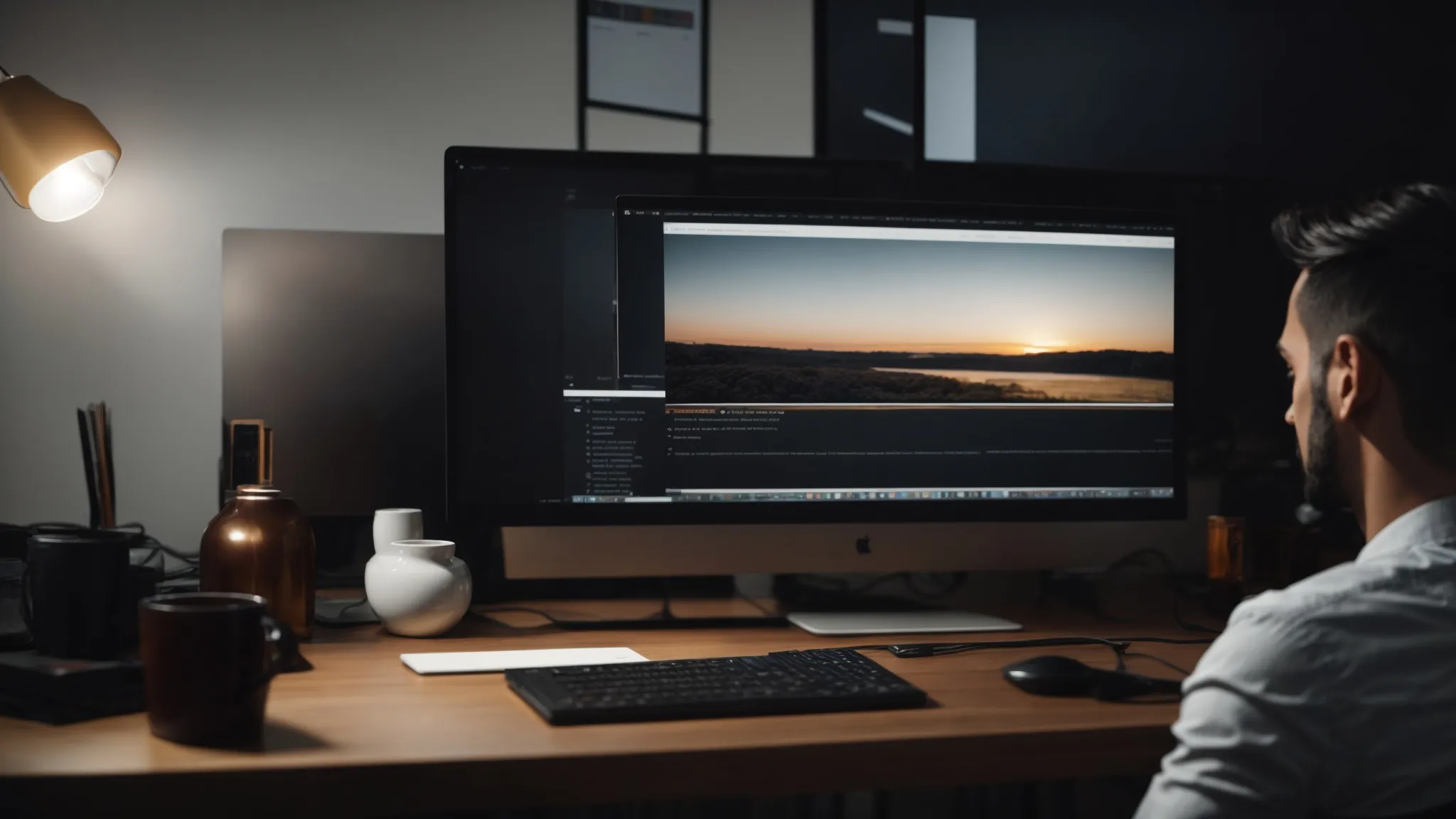 a professional designer sits at a sleek desk, focusing closely on a computer screen while they craft a unique website layout.