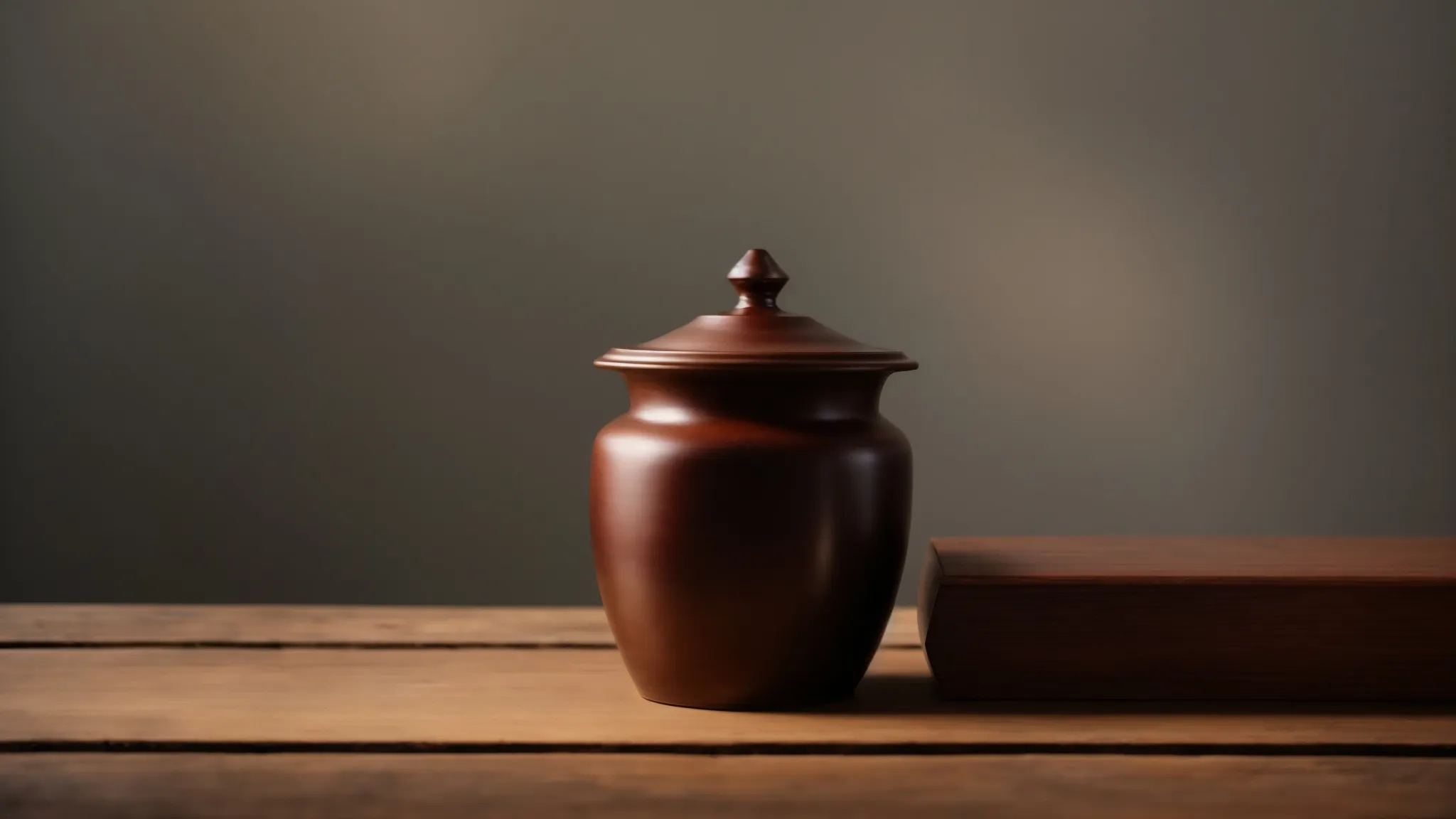 a simple urn sits on a modest wooden table against a serene backdrop.