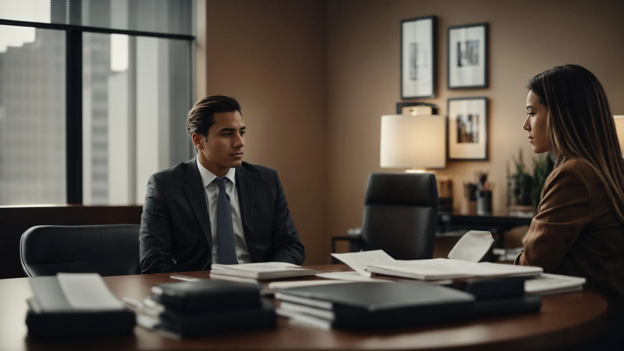a concerned individual sits across from a professional attorney in a calm, inviting office setting, discussing matters with focus and confidentiality.