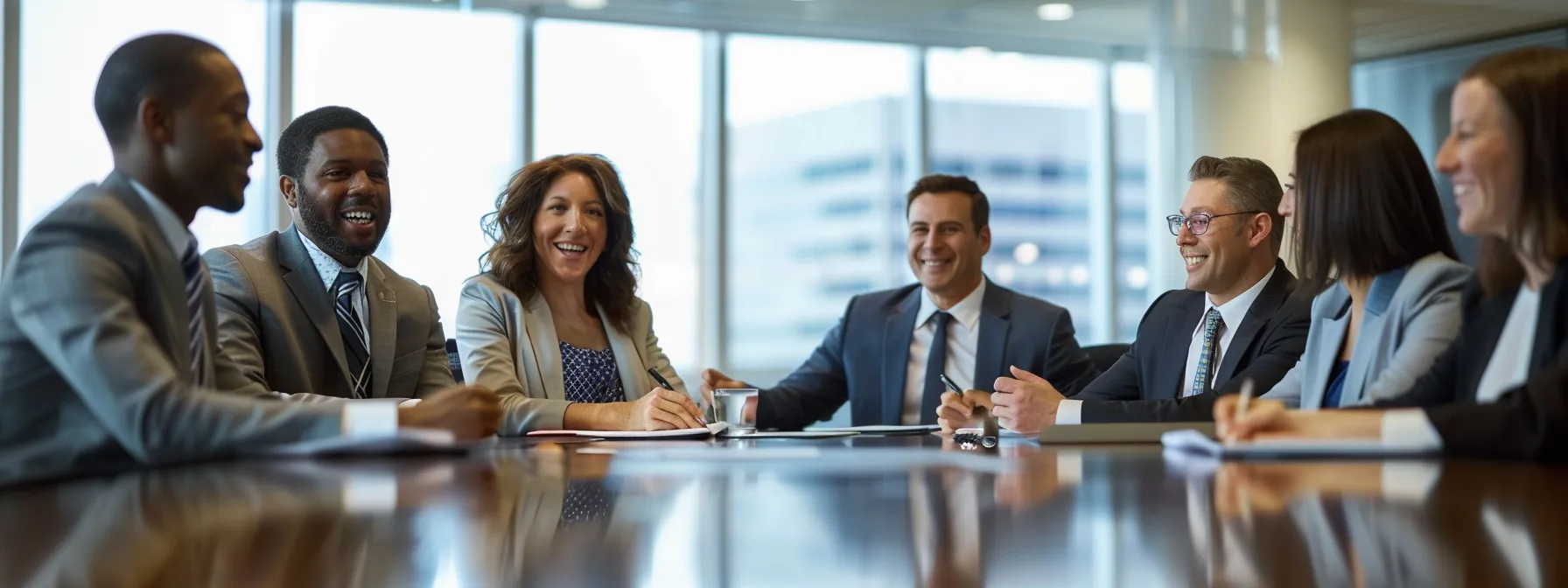 a group of professionals in business attire, confidently strategizing and collaborating around a table with the flaherty team logo prominently displayed.