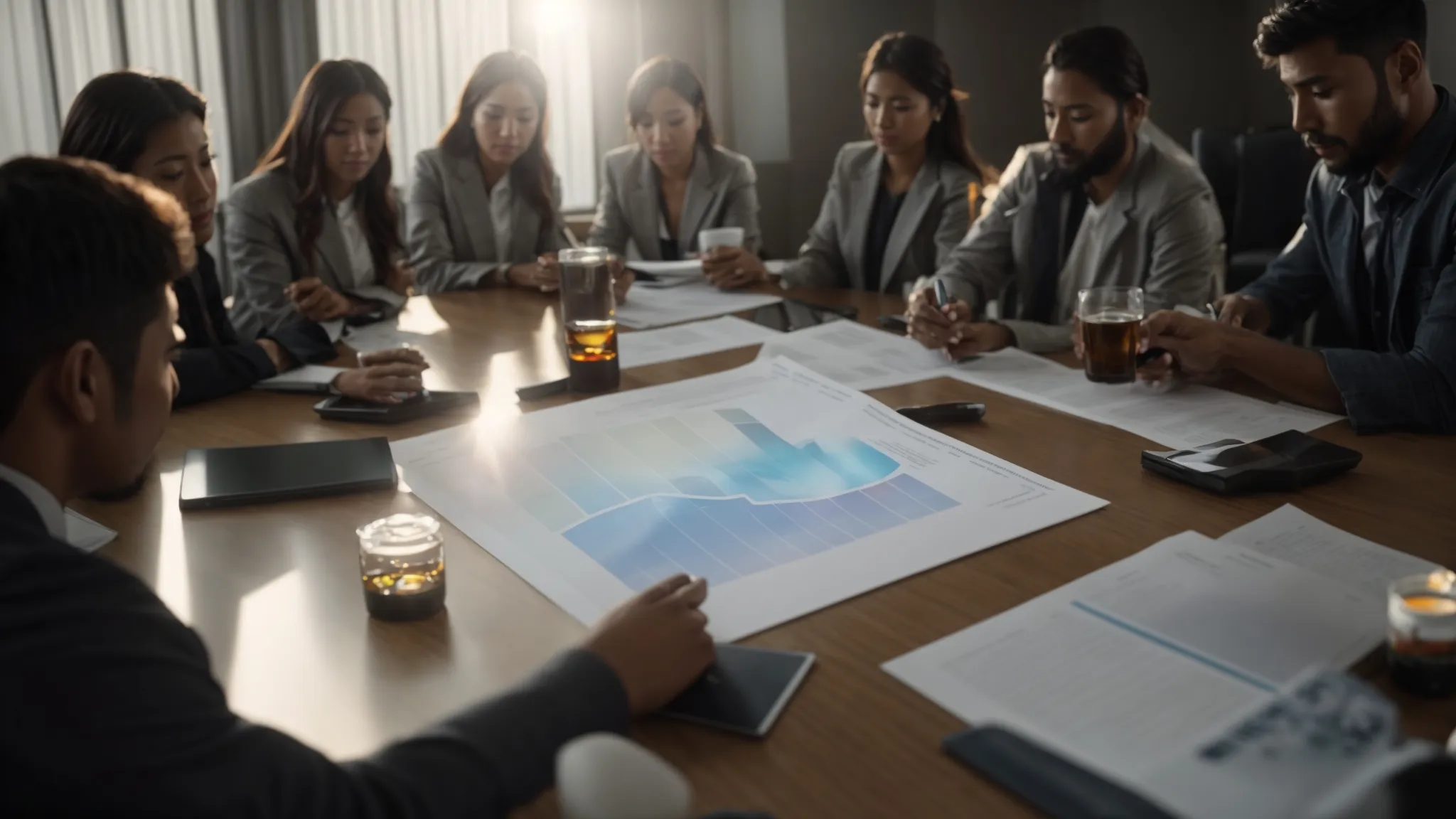 a group of professionals gathered around a table with a chart showing the impact of mct oil on energy levels and productivity.