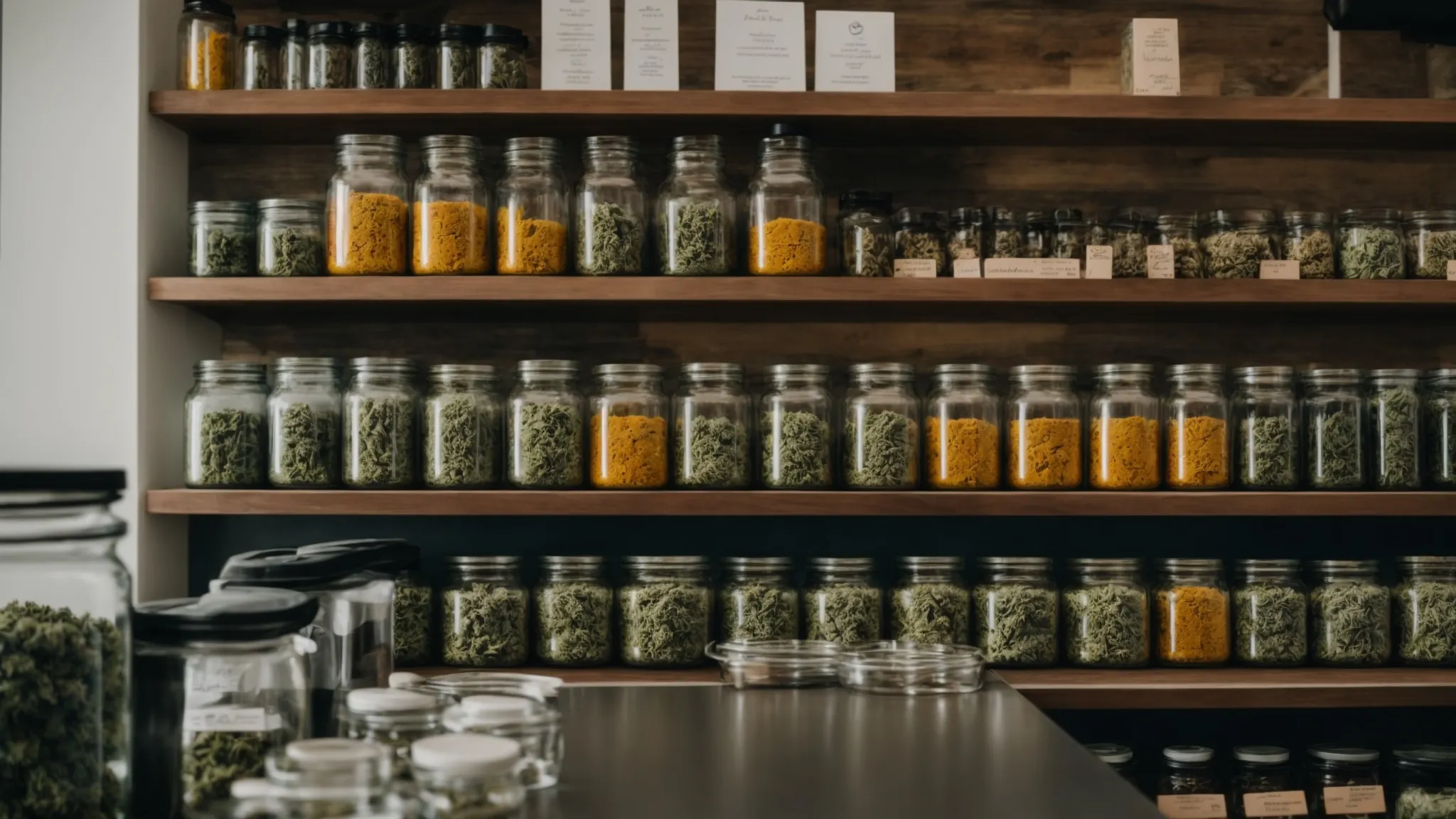 glass jars filled with different strains of cannabis line the shelves behind a clean, brightly lit counter with a welcoming dispensary employee ready to assist.