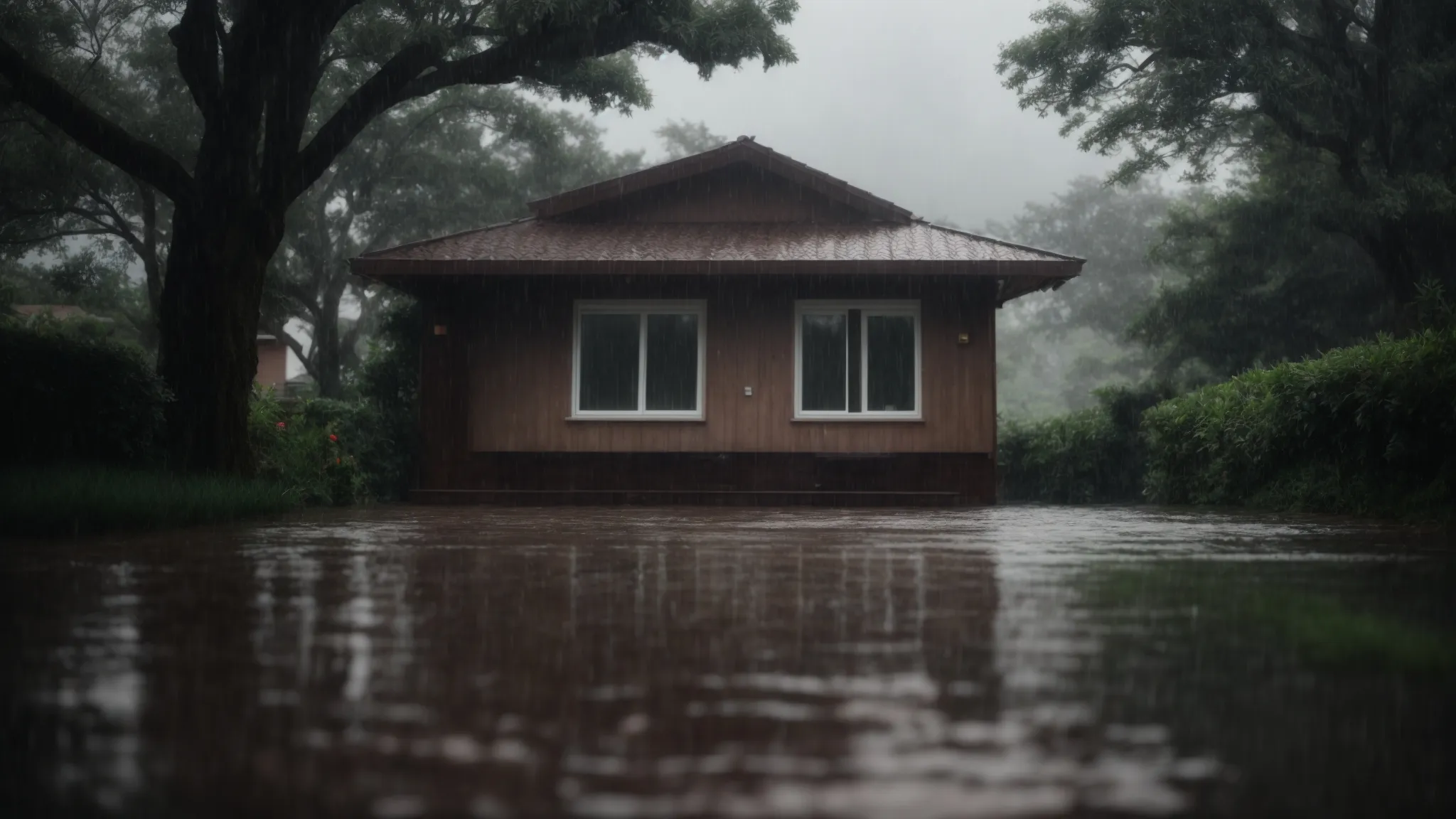 a house under a heavy rainstorm with visible waterproof barriers along its foundation.