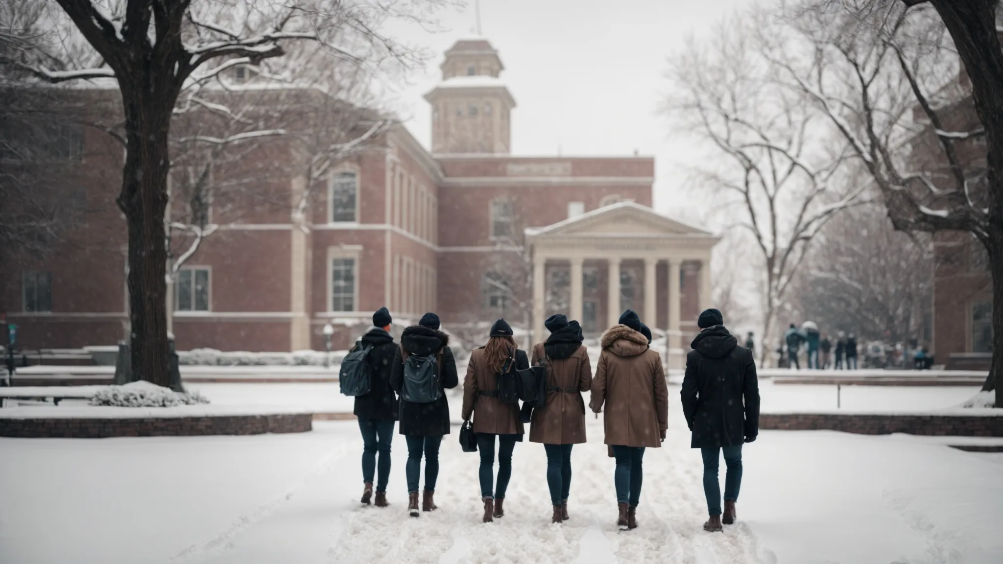 a group of students, bundled up against the chill, walk across a snowy campus with historical buildings in the background.